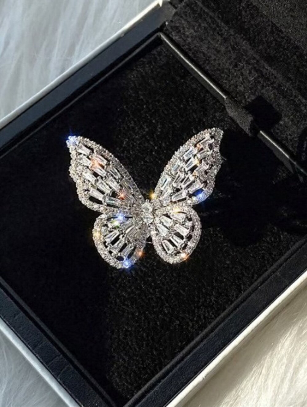 Iced Out Butterfly Ring BOLD Statement Silver Adjustable Band - Picture 6 of 10
